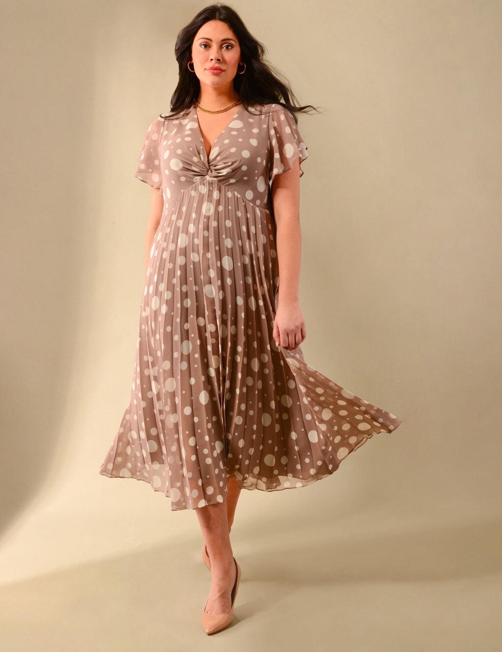 Polka Dot V-Neck Midaxi Waisted Dress image 1