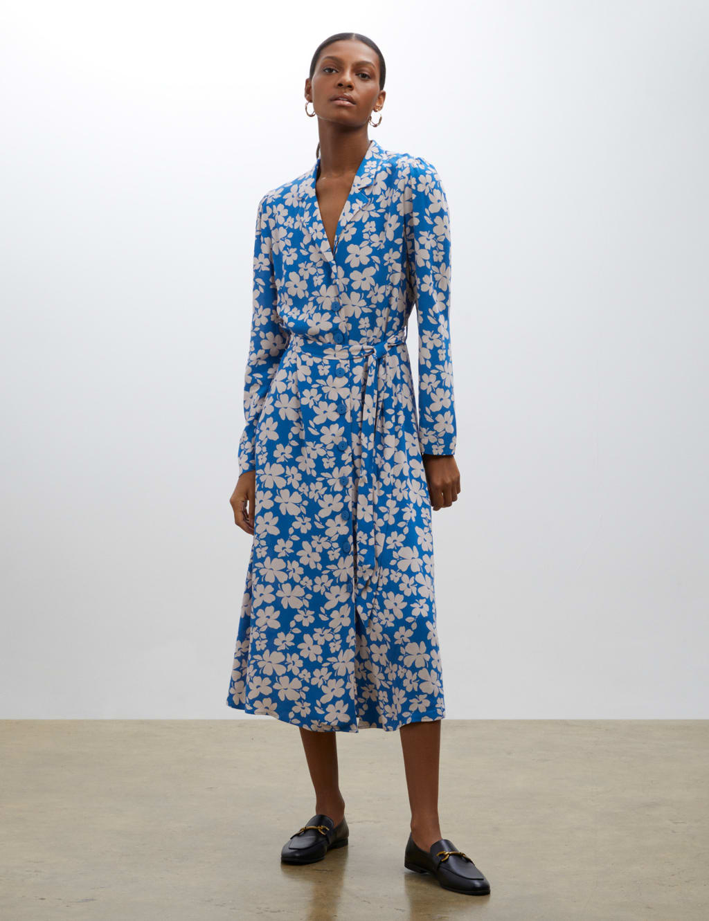 Floral V-Neck Belted Midi Shirt Dress image 1