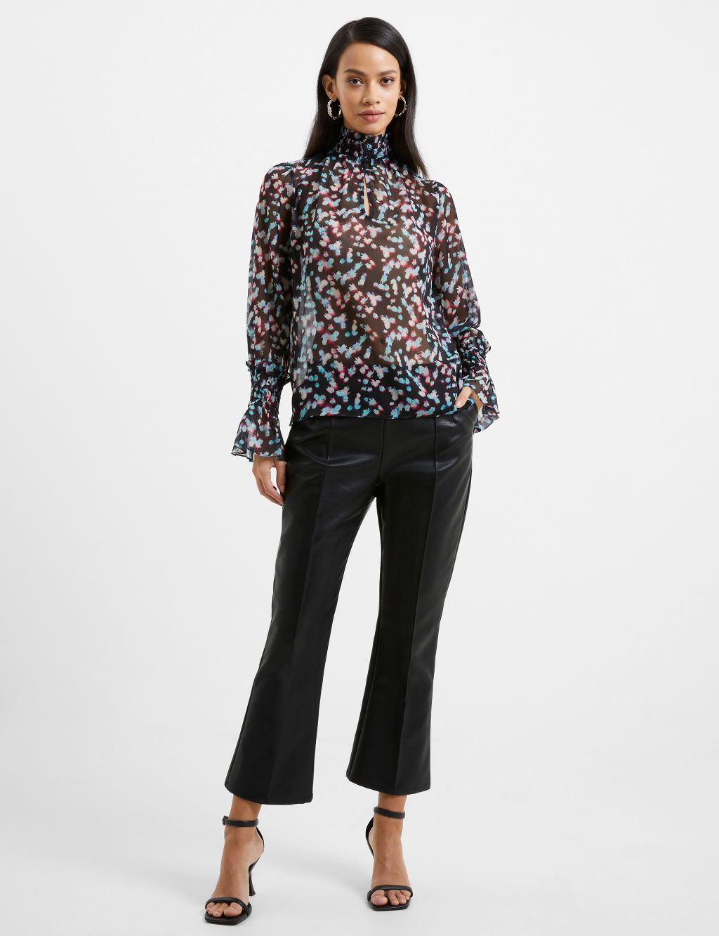 Sheer Printed High Neck Frill Sleeve Blouse