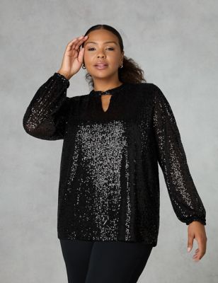 Live Unlimited London Womens Sequin Twist Front Relaxed Blouse - 18 - Black, Black