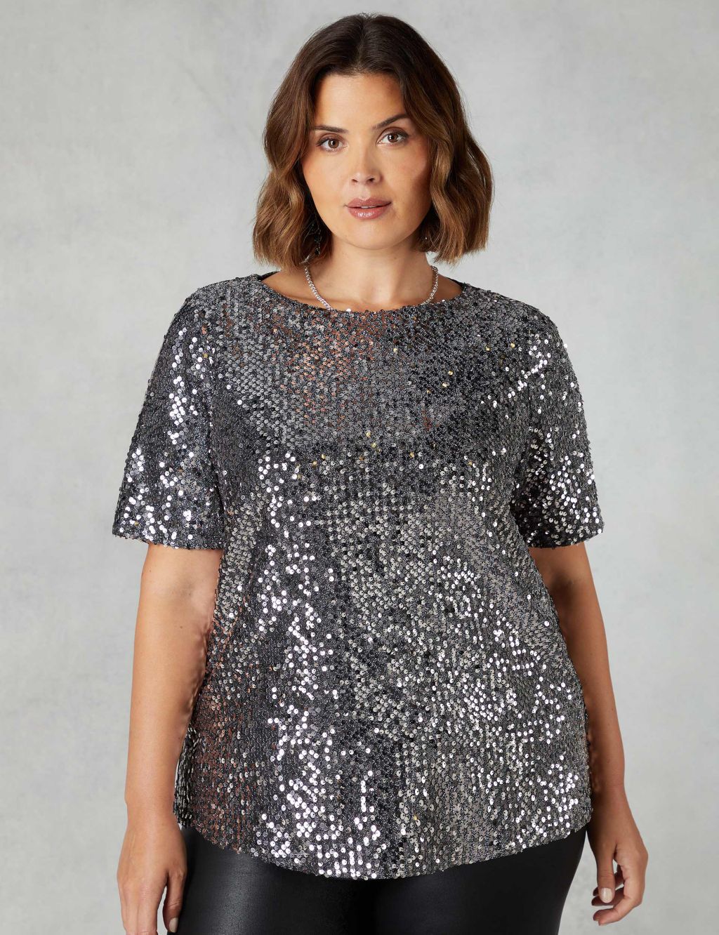 Sequin Round Neck Relaxed Angel Sleeve Top