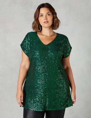 Live Unlimited London Womens Sequin V-Neck Relaxed Tunic - 26 - Green, Green