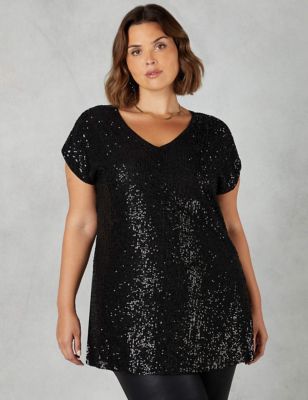Live Unlimited London Womens Sequin V-Neck Relaxed Tunic - 18 - Black, Black