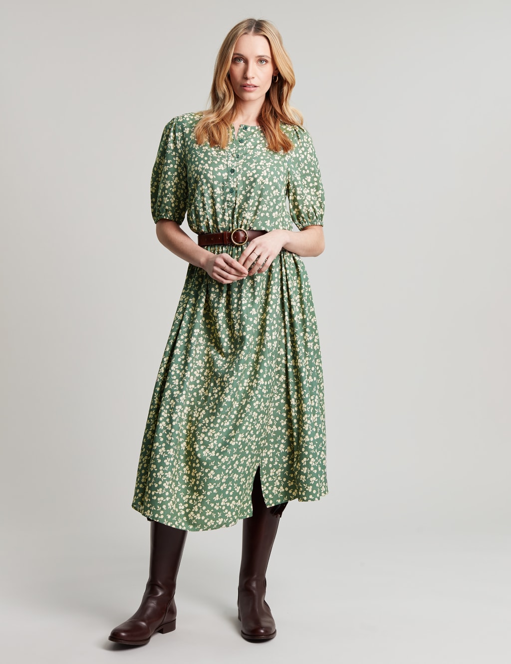 Printed Button Front Midi Waisted Dress image 1