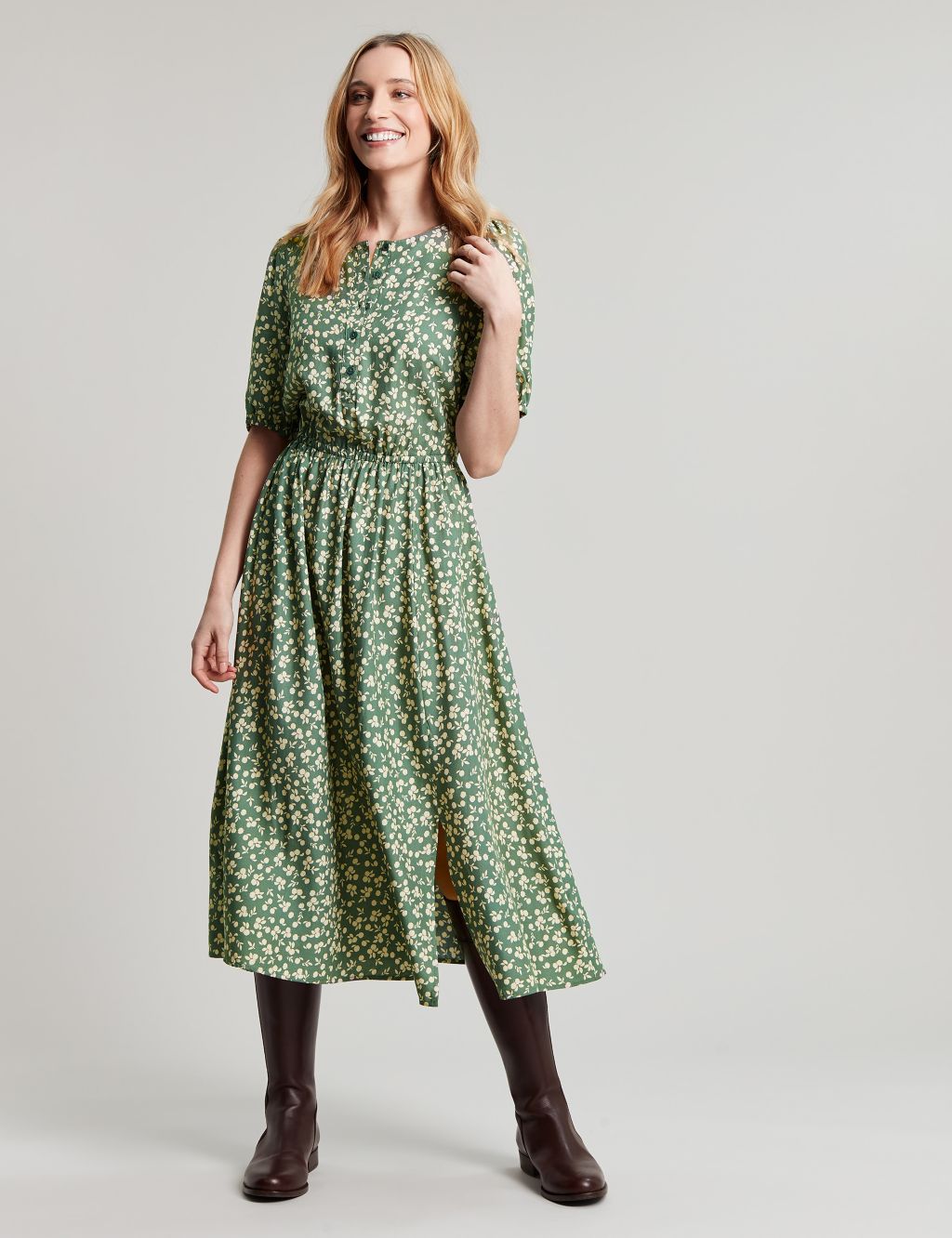 Printed Button Front Midi Waisted Dress image 6