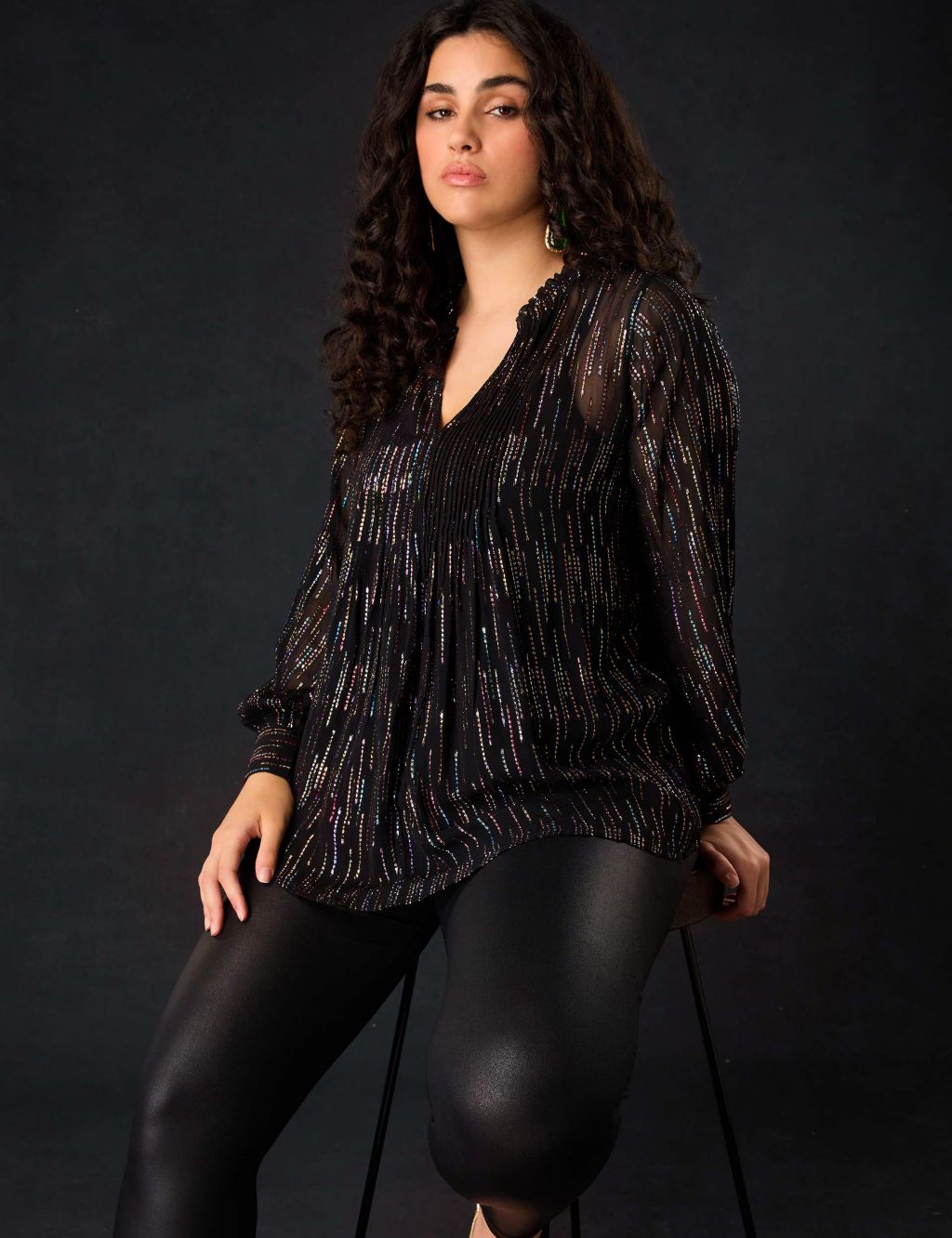 Sparkly V-Neck Pintuck Relaxed Blouse