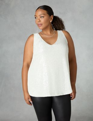 Live Unlimited London Womens Sequin V-Neck Relaxed Vest Top - 16 - White, White