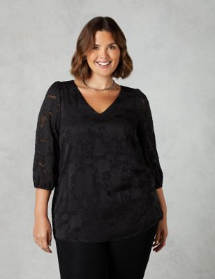 Live Unlimited London Womens Floral V-Neck Relaxed Puff Sleeve Blouse - 14 - Black, Black