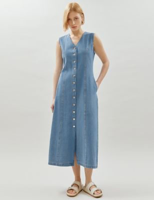 Albaray Women's Denim Button Through Midaxi Waisted Dress - 10 - Blue Denim, Blue Denim