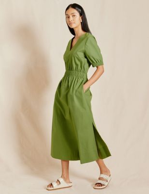 Albaray Womens Pure Cotton V-Neck Midi Waisted Smock Dress - 10 - Green, Green