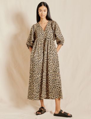 Albaray Women's Pure Cotton Animal Print V-Neck Midi Dress - 10 - Brown Mix, Brown Mix