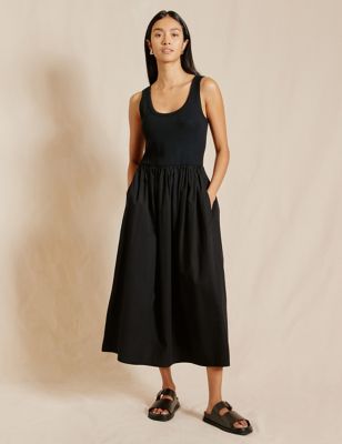 Albaray Womens Pure Cotton Scoop Neck Midi Waisted Dress - 18 - Black, Black