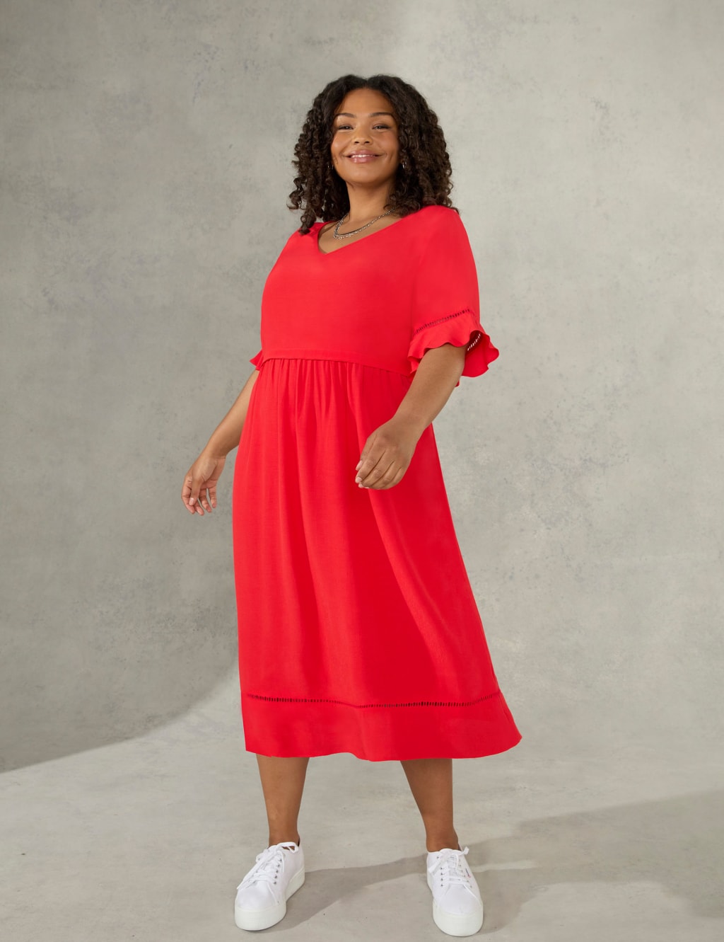 V-Neck Lace Insert Midi Waisted Dress image 1