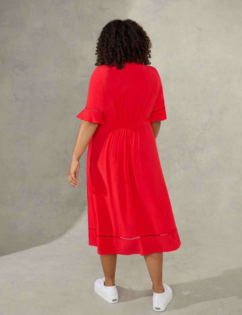 V-Neck Lace Insert Midi Waisted Dress image 4
