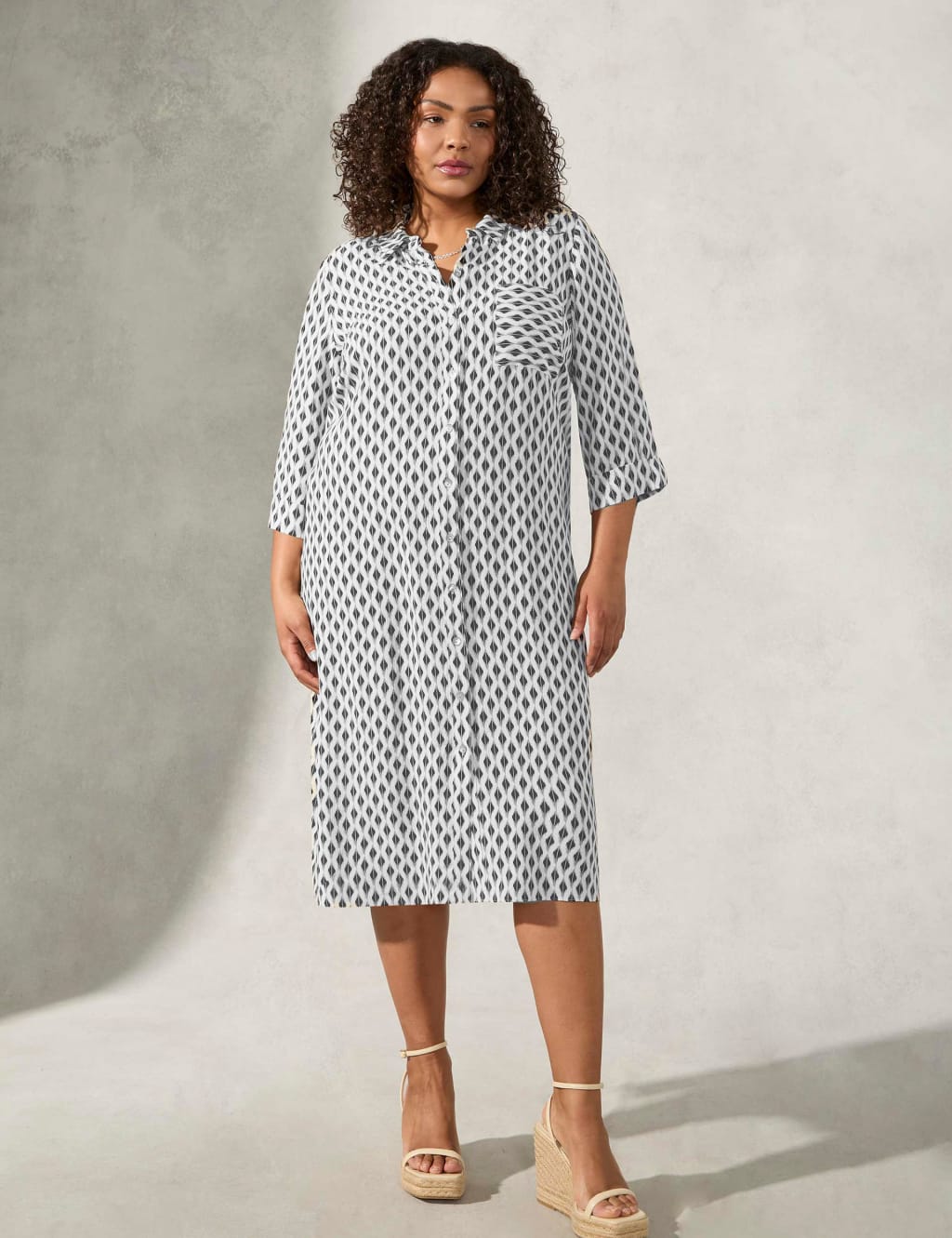 Geometric Collared Belted Midi Shirt Dress image 5