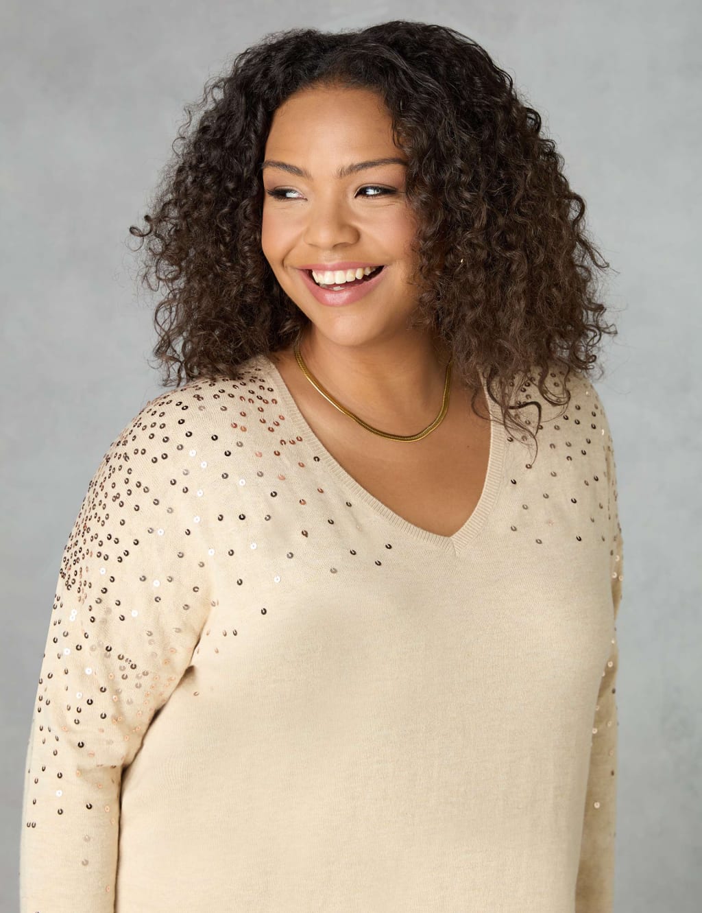 Cotton Blend Sequin V-Neck Relaxed Jumper image 3