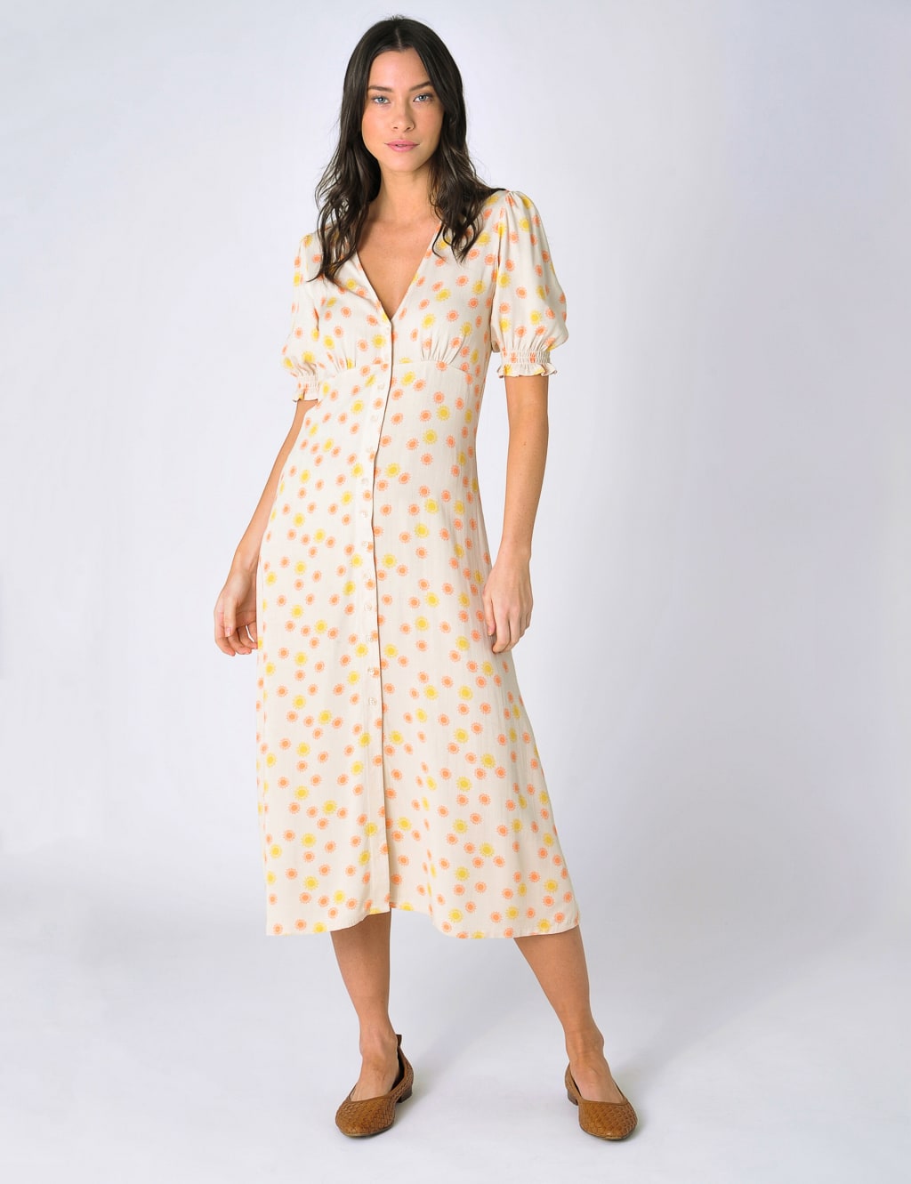 Printed V-Neck Button Through Midi Tea Dress image 1