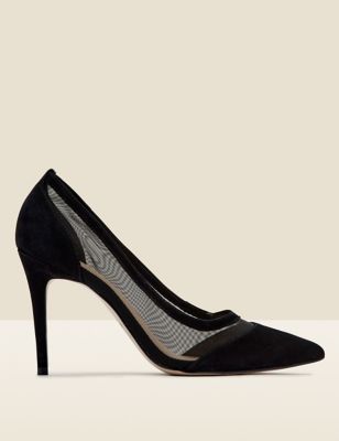 Sosandar Womens Suede Mesh Detail Stiletto Heel Court Shoes - 5 - Black, Black