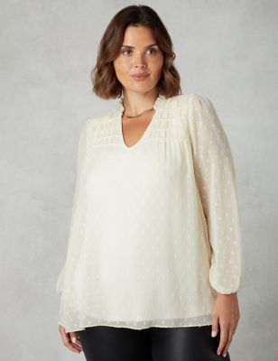 Live Unlimited London Womens Textured V-Neck Shirred Relaxed Blouse - 22 - Ivory, Ivory