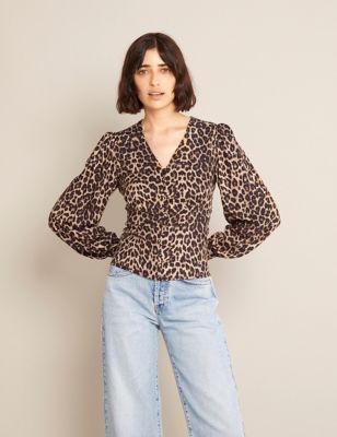 M&S Albaray Womens Animal Print V-Neck Long Sleeve Top