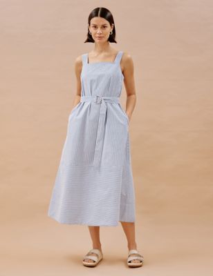 Albaray Women's Cotton Rich Striped Square Neck Midi Dress - 8 - Blue Mix, Blue Mix