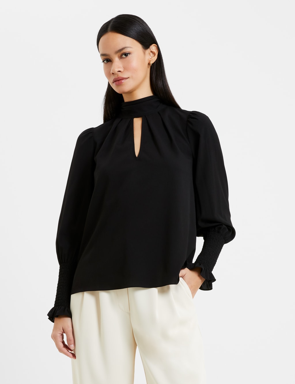 Crepe High Neck Blouson Sleeve Blouse image 3