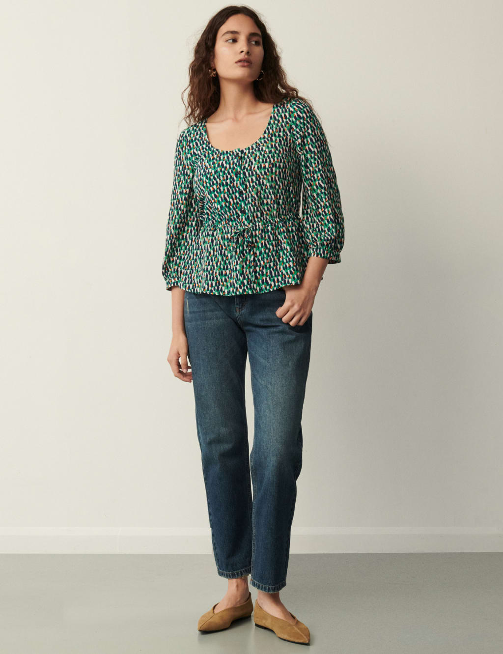 Printed Button Front Waisted Blouse image 1