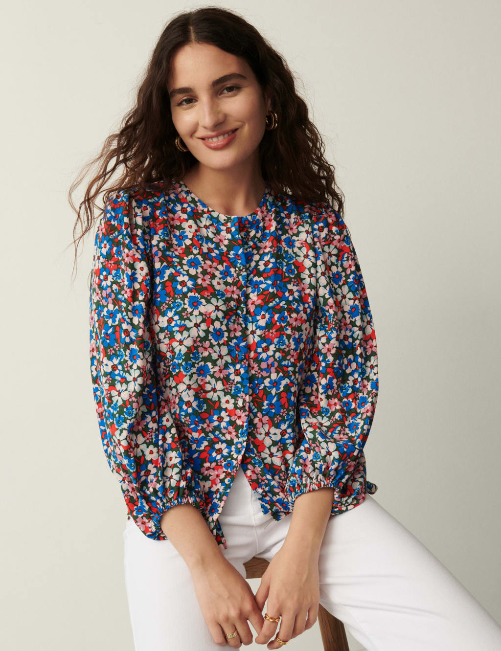 Floral Round Neck Blouson Sleeve Blouse image 2