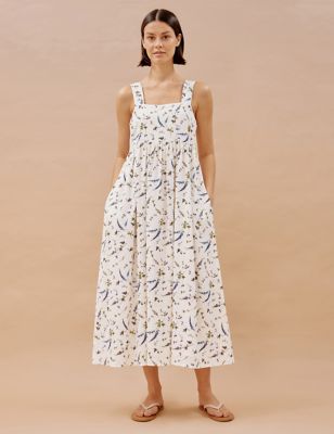 Albaray Womens Organic Cotton Floral Midaxi Waisted Dress - 12 - White Mix, White Mix