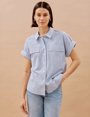 Albaray Women's Cotton Rich Striped Collared Shirt - 8 - Blue Mix, Blue Mix