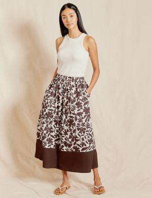 Albaray Womens Pure Cotton Floral Midi A-Line Skirt - 10 - Brown Mix, Brown Mix