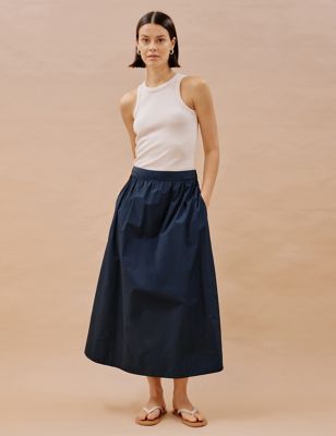 Albaray Womens Pure Cotton Maxi A-Line Skirt - 10 - Navy, Navy