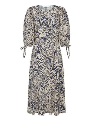 M&S Finery London Womens Zebra Print Puff Sleeve Midi Tea Dress