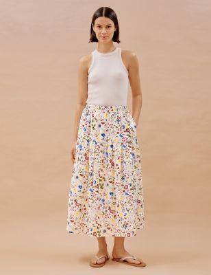 Albaray Womens Pure Cotton Floral Midaxi Tiered Skirt - 10 - Cream Mix, Cream Mix