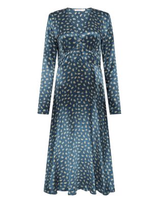 M&S Finery London Womens Floral V-neck Button Front Midi Tea Dress