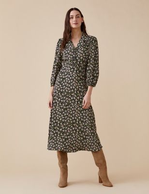 M&S Finery London Womens Floral V-Neck Button Front Midi Tea Dress