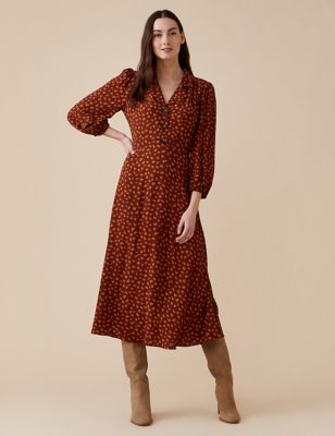 M&S Finery London Womens Animal Print Collared Midi Tea Dress