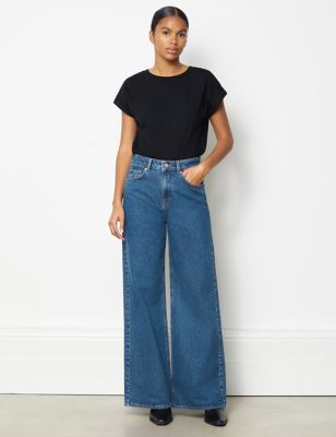 Albaray Women's Mid Rise Wide Leg Jeans - 8 - Blue Denim, Blue Denim