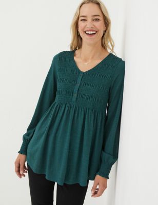 Fatface Womens Pure Cotton Smocked Detail Tunic - 6 - Green, Green