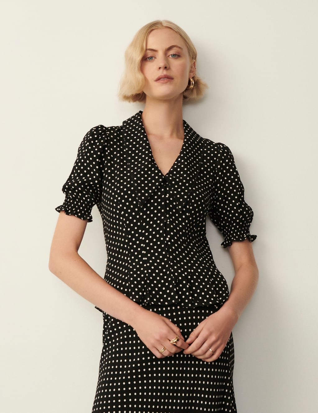 Polka Dot Collared V-Neck Blouse image 3