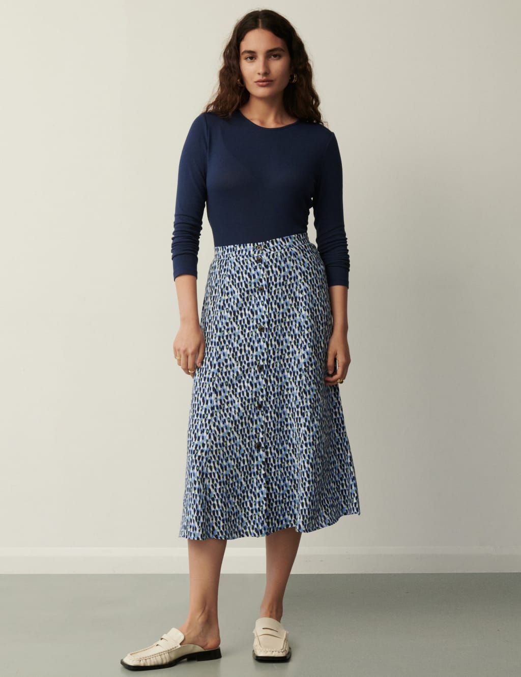 Printed Button Front Midi A-Line Skirt image 1