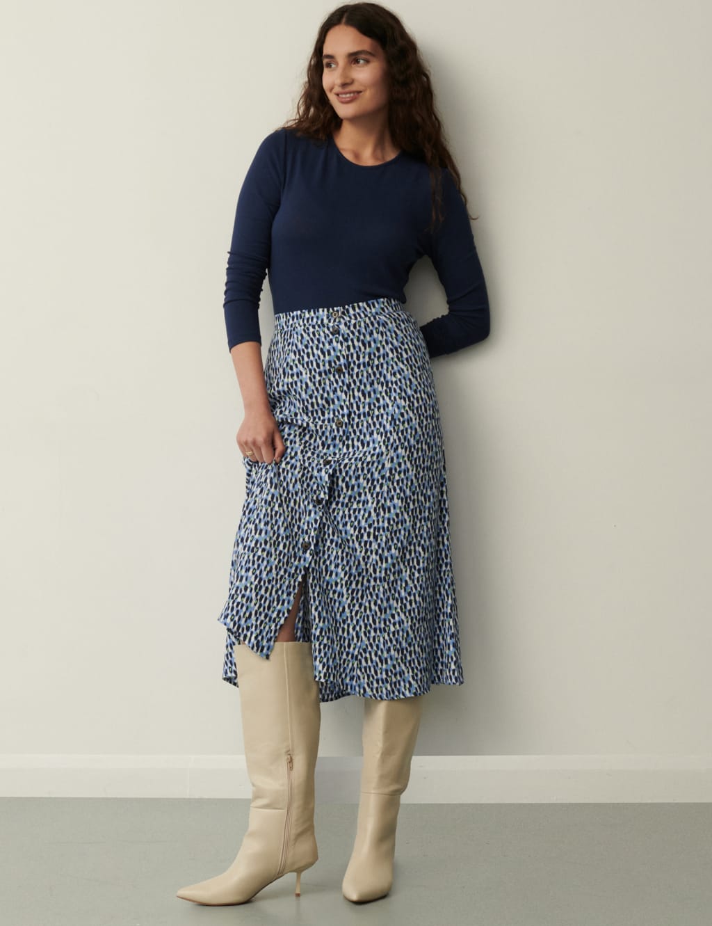 Printed Button Front Midi A-Line Skirt image 3