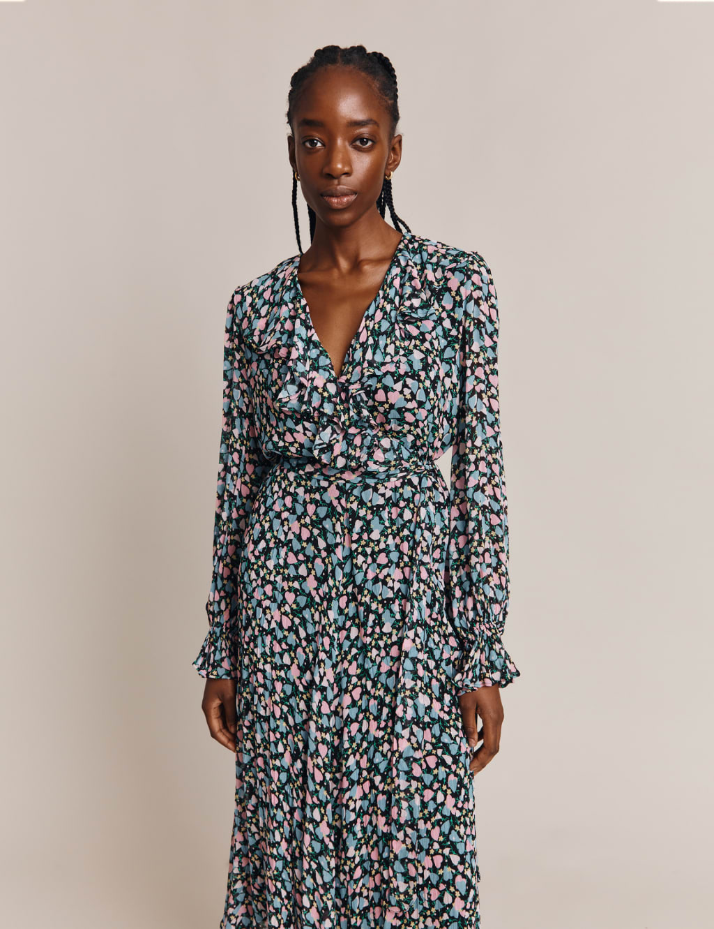 Sheer Bow Print V-Neck Maxi Waisted Dress image 2