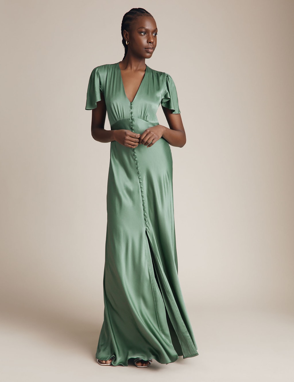 Satin V-Neck Maxi Waisted Dress image 1