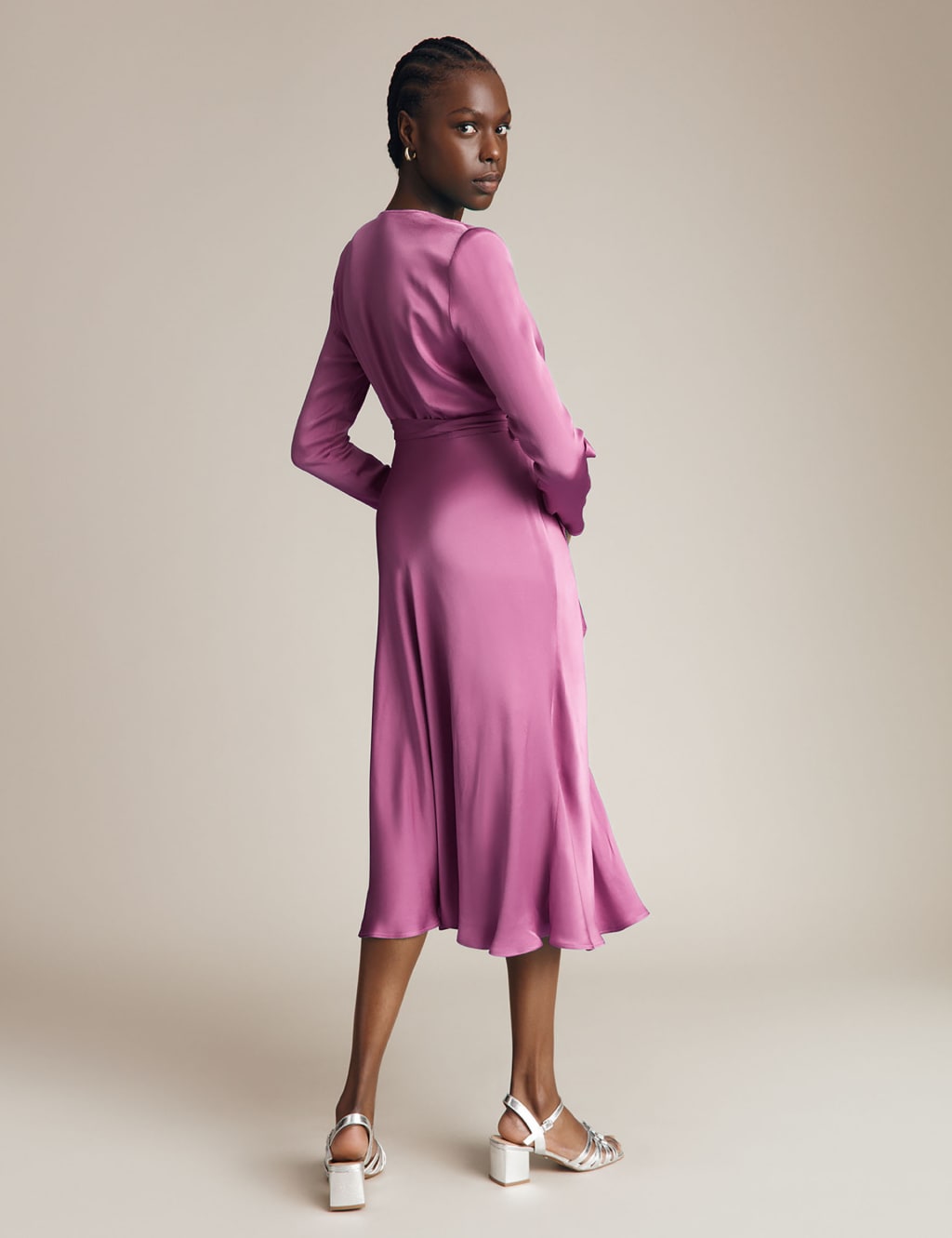 Satin V-Neck Belted Midi Waisted Dress image 3