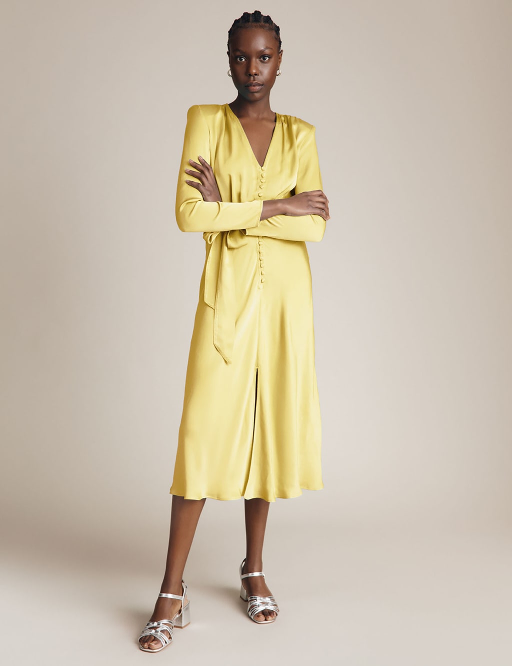Satin V-Neck Belted Midi Waisted Dress image 1