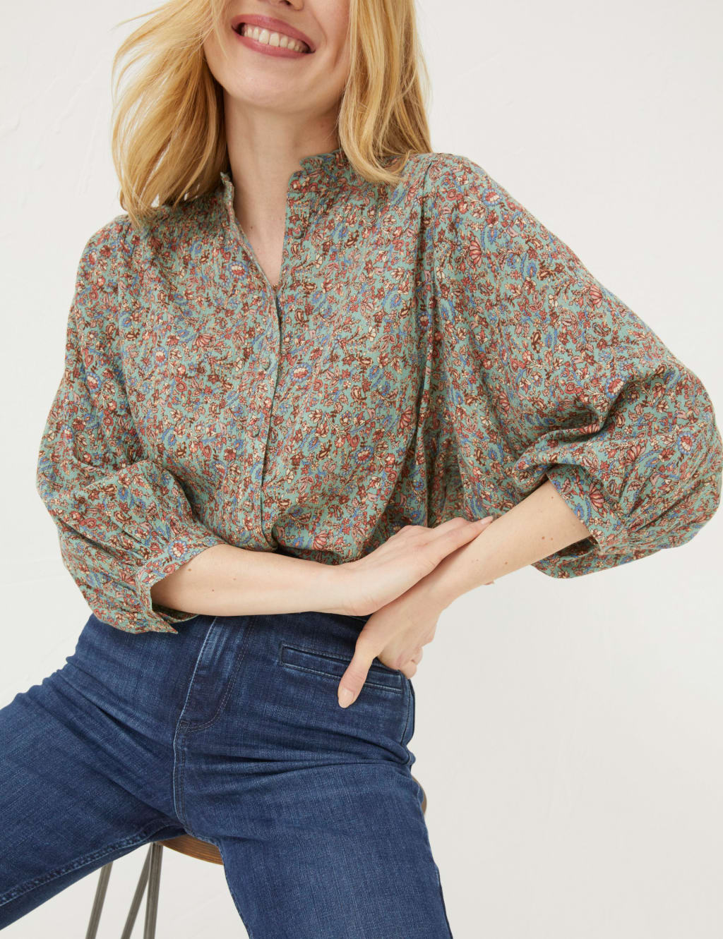 Pure Cotton Floral Frill Neck Blouse image 4