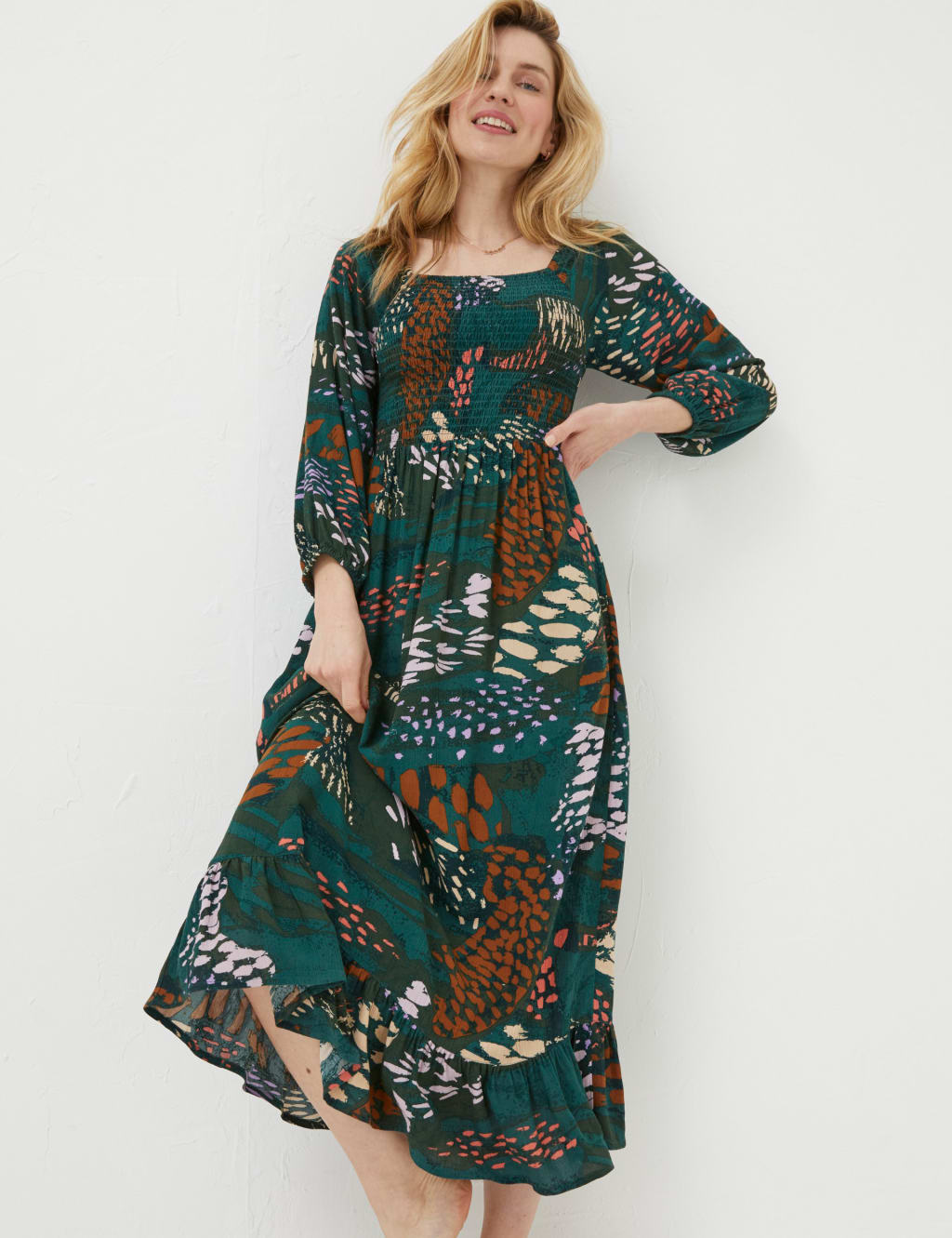 Printed Square Neck Midi Smock Dress image 1