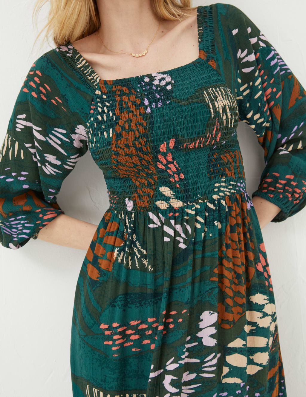 Printed Square Neck Midi Smock Dress image 4