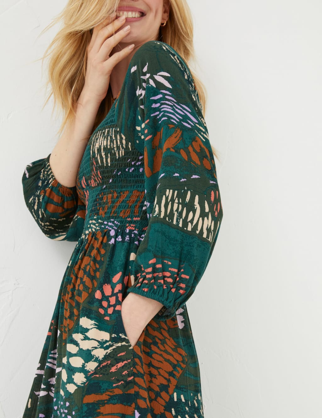 Printed Square Neck Midi Smock Dress image 5